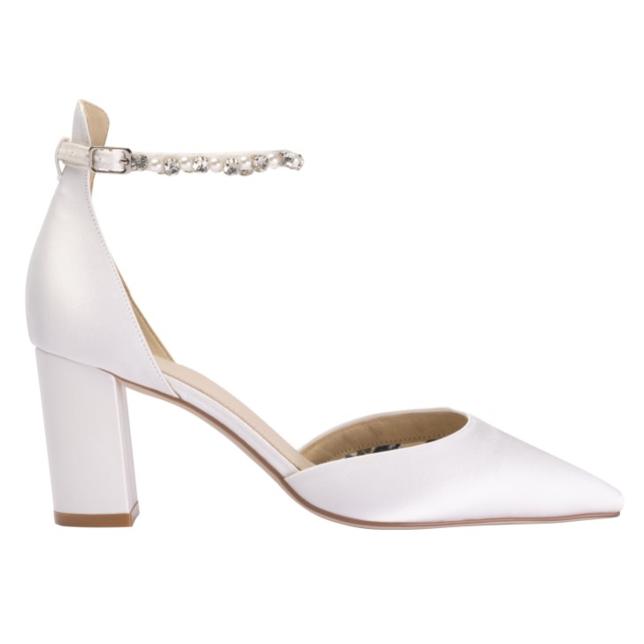 Perfect Bridal Sapatos de salto alto com tiras no tornozelo, em cetim marfim, com salto em bloco, perolados e com cristais (ST07)