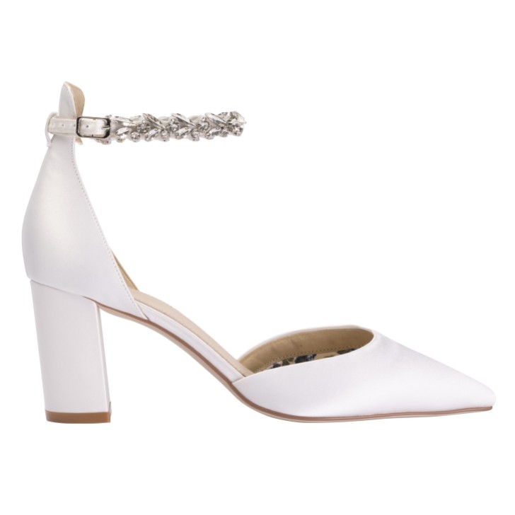 Perfect Bridal Sapatos de salto alto com tiras no tornozelo em cetim marfim Liberty, com salto em bloco e detalhes em cristal (ST06)