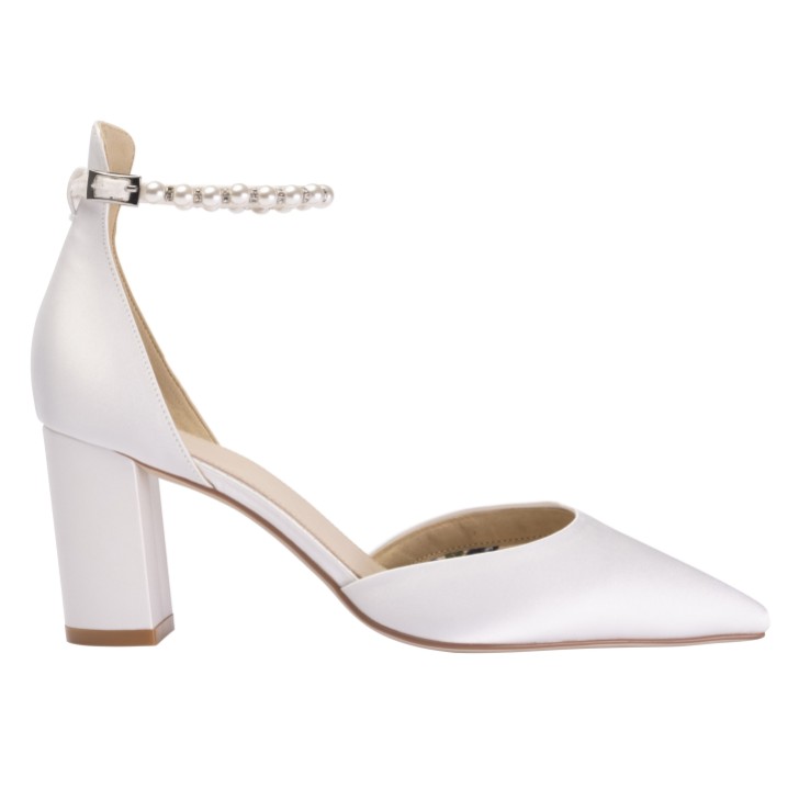 Perfect Bridal Sapatos de salto alto com tiras no tornozelo em cetim marfim Liberty, com salto em bloco e detalhes em pérola (ST14)