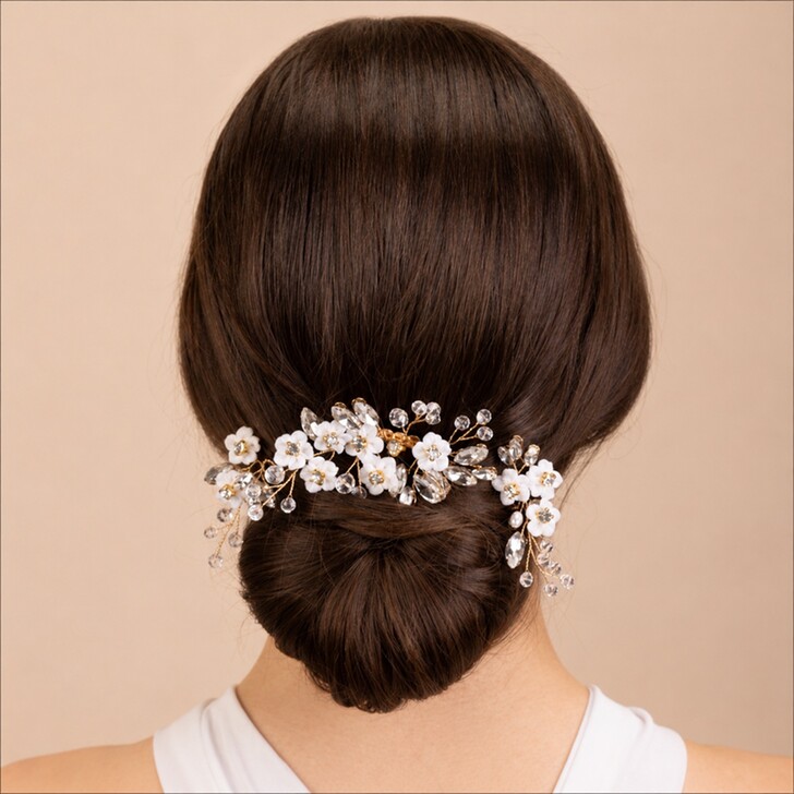 Perfect Bridal Set of 3 Ivory Ceramic Flowers with Crystals Hair Comb and Pins