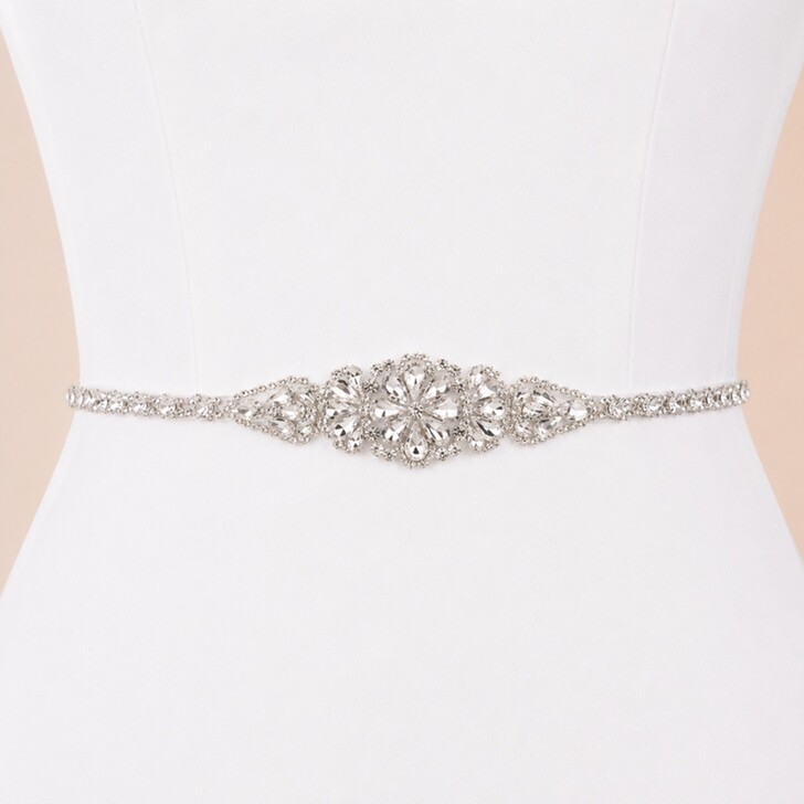 Perfect Bridal Srebrny, wąski pas ślubny z kryształkami typu „diamante”