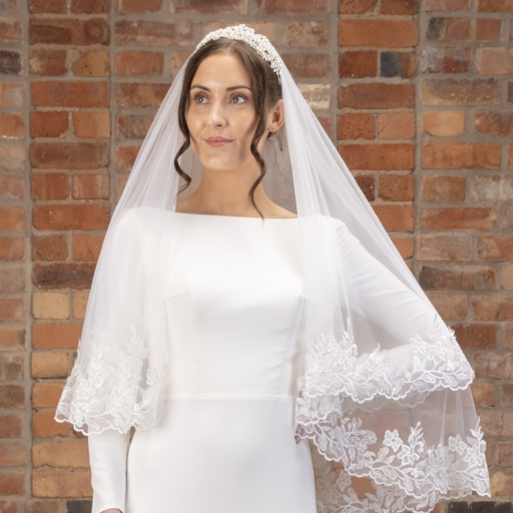Perfect Bridal Véu curto de duas camadas em marfim, com borda larga de renda floral