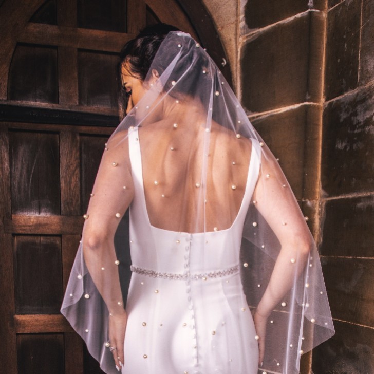 Perfect Bridal Véu curto de uma camada em marfim com pérolas espalhadas