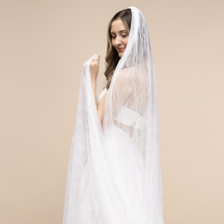 Perfect Bridal Véu de catedral de tule com renda Chantilly, de uma camada, em cor marfim