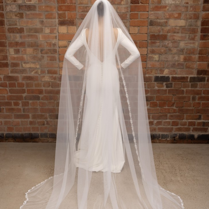 Perfect Bridal Véu de catedral de uma camada em marfim com bordado de folhas em renda