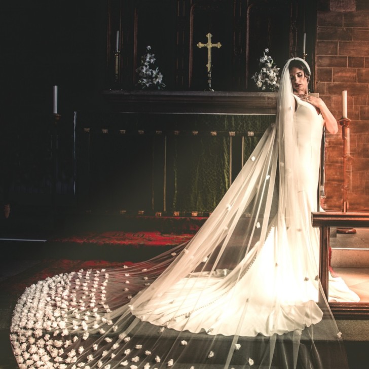 Perfect Bridal Véu de catedral em marfim, de uma camada, com flores 3D ricamente decoradas