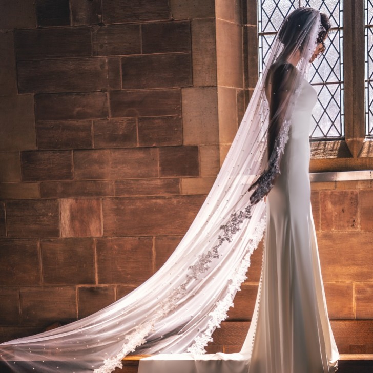Perfect Bridal Velo de novia tipo catedral de una sola capa en color marfil con perlas y borde de encaje floral