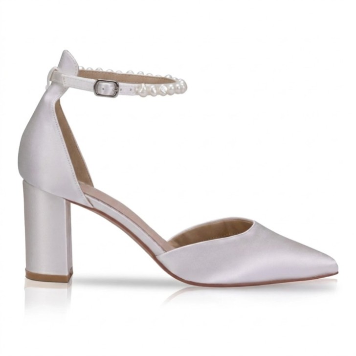 Perfect Bridal Zapatos de salón con tacón grueso de satén color marfil Liberty, con tiras al tobillo y perlas Keshi (ST10)