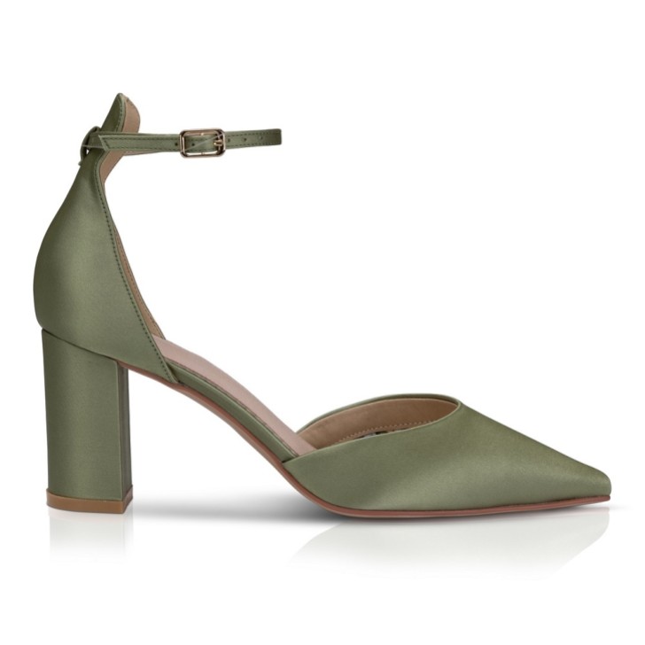 Perfect Bridal Zapatos de salón con tacón grueso y correa al tobillo, de Liberty, en color verde oliva satinado
