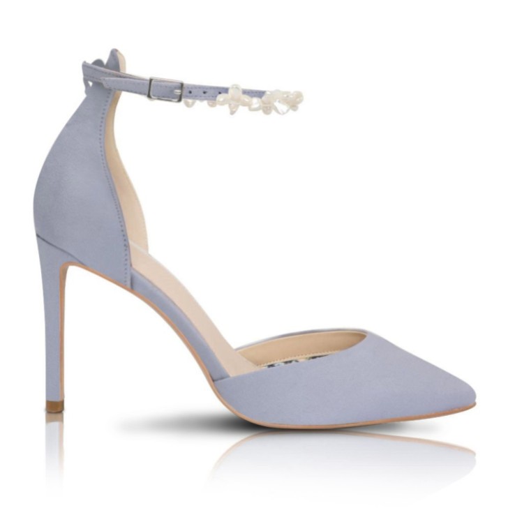 Perfect Bridal Zapatos de salón con tiras al tobillo de ante azul y perlas Keshi