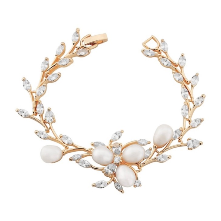 Pulseira de casamento Lola com pérolas de água doce e folhas de cristal (ouro rosa)