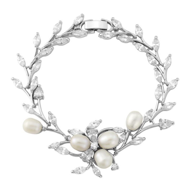 Pulsera de boda «Lola» con perlas de agua dulce y hojas de cristal (plata)
