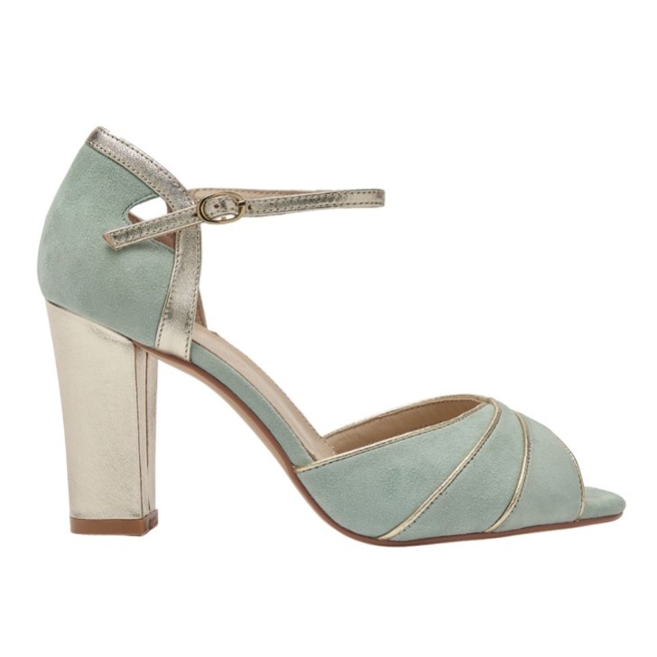 Rachel Simpson Zapatos de tacón grueso de ante color menta y cuero dorado