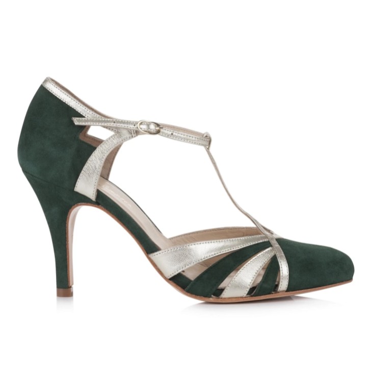 Rachel Simpson Zapatos vintage con barra en T de ante verde bosque de Paloma