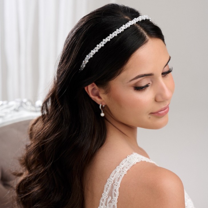Rochelle Silver Narrow Crystal and Pearl Headband
