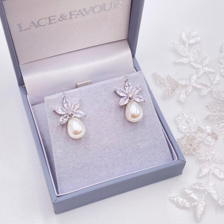 Sahara Silver Crystal Leaves and Teardrop Pearl Earrings