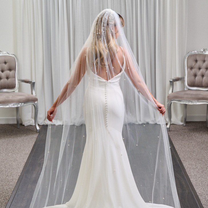 San Diego Ivory Single Tier Pearl Embellished Long Veil (voile long ivoire à un seul étage orné de perles)