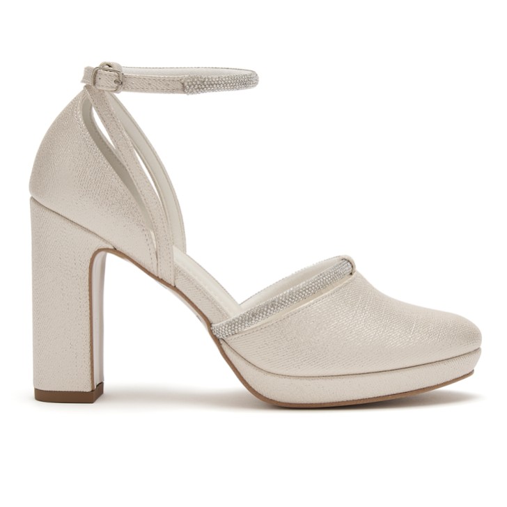 Sapatos de salto em bloco com tiras no tornozelo Avalia Mary, em champanhe brilhante e com strass