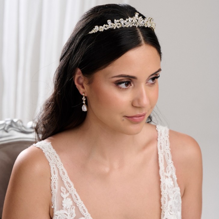 Tiara de boda delicada con cristales CZ «Bridgerton Gold»