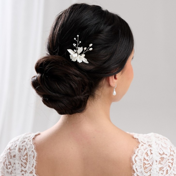 Tulippa Porzellan Blumen und Silberblätter Haarnadel