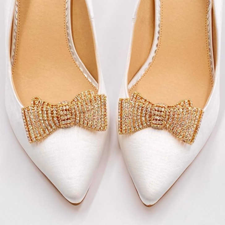 Złote spinki do butów Tiffany z kryształkami w kształcie kokardki