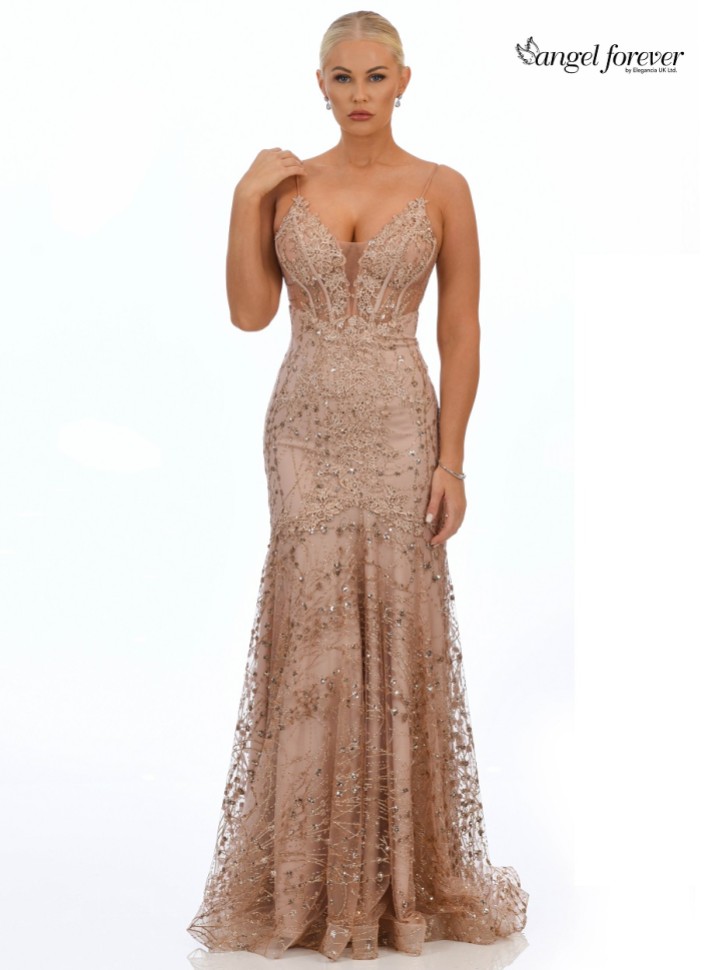 Angel Forever Glitter Lace Fitted Corset Prom Dress (Rose Gold)