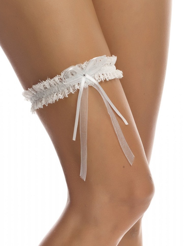 Bianco Schmales Elfenbeinfarbenes Spitzen-Hochzeitsstrumpfband mit Diamantenschleife