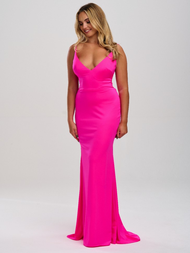 Linzi Jay V Neck Stretch Satin Corset Prom Dress with Train