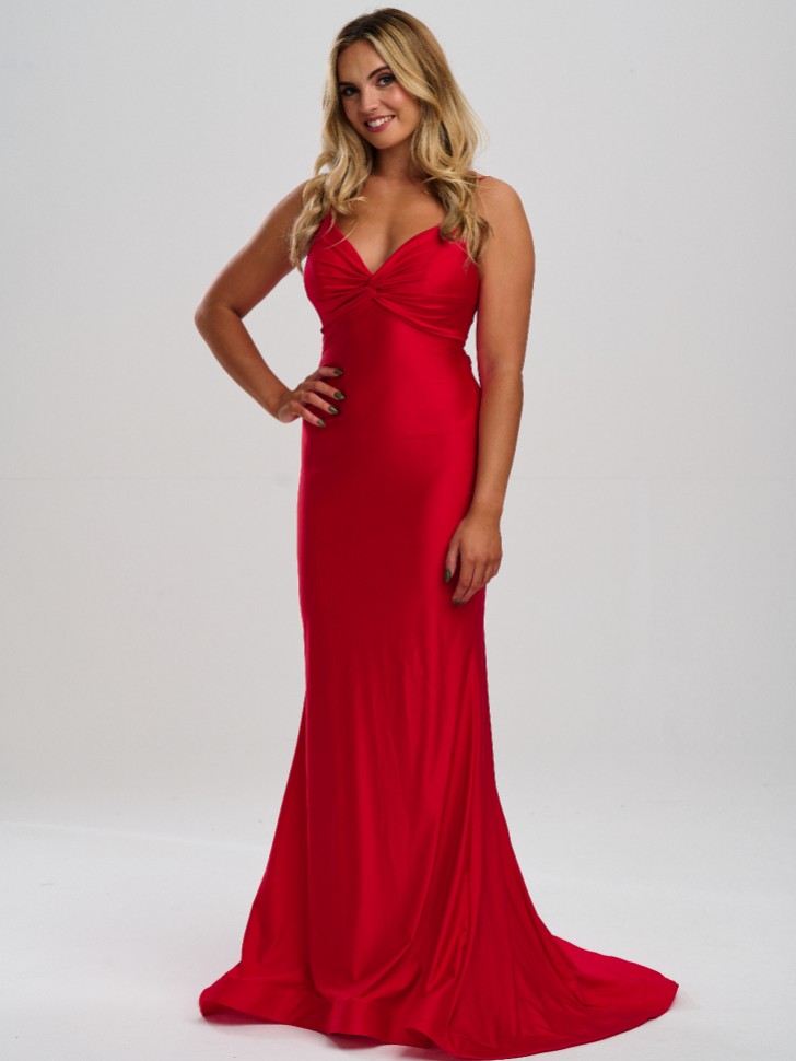 Linzi Jay Vestido de baile estilo sereia com franzido na frente, laço nas costas e cauda