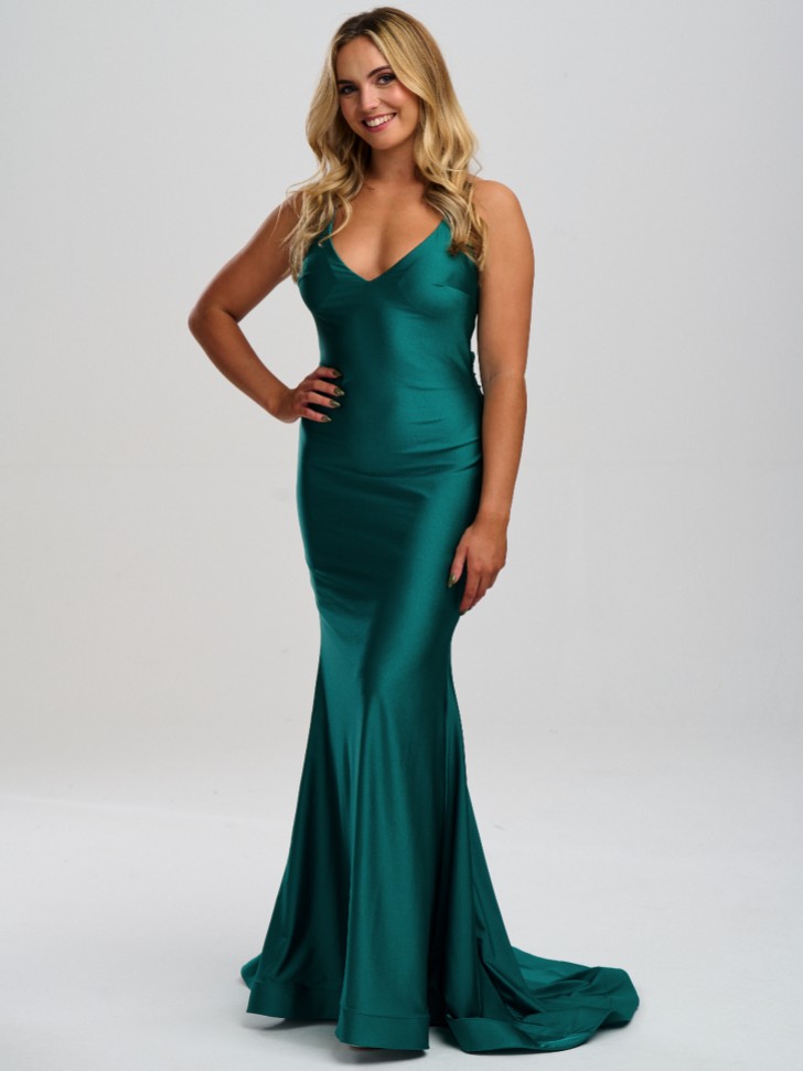 Linzi Jay Vestido de fiesta estilo sirena con escote en V, espalda descubierta y tirantes cruzados