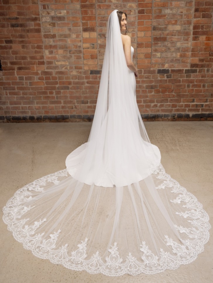 Perfect Bridal Ivory Long Single Tier Veil with Lace Train