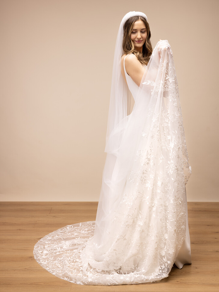 Perfect Bridal Ivory Tulle Cathedral Veil with Ivory Leaf Embroidery 