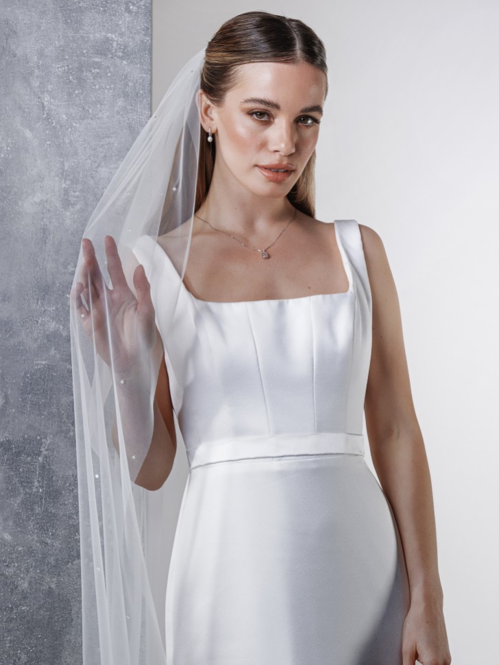 Rainbow Club Starfire Ivory Raw Edge Chapel Length Veil with Crystals