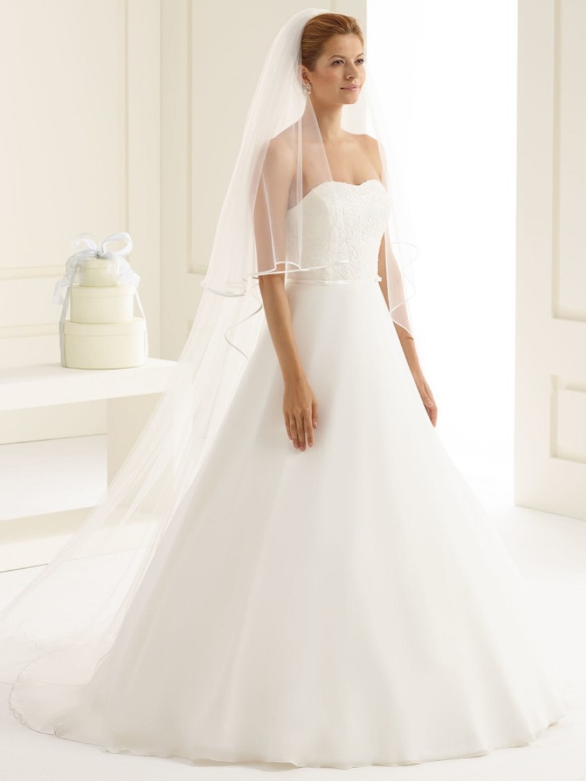 Photograph: Bianco Ivory Two Tier Satin Edge Chapel Veil S208