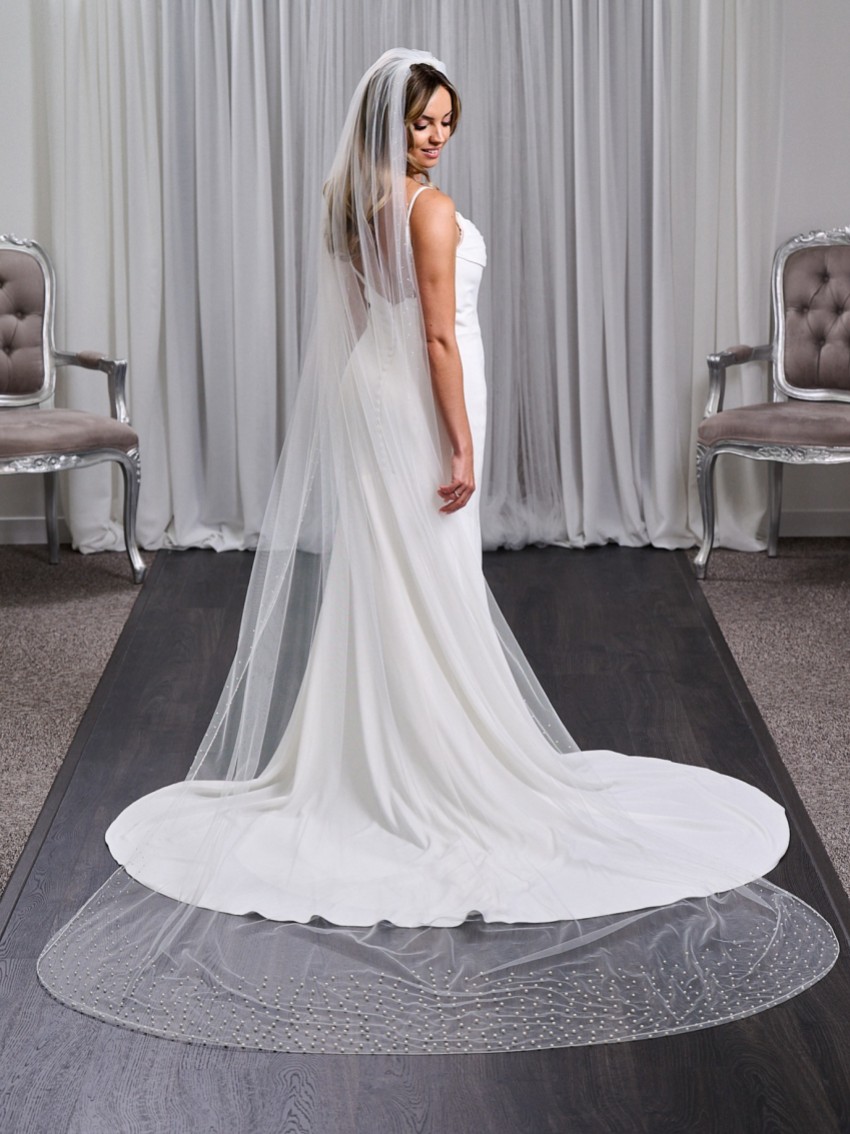 Photograph: Chicago Ivory Single Tier Long Heavily Embellished Pearl Veil