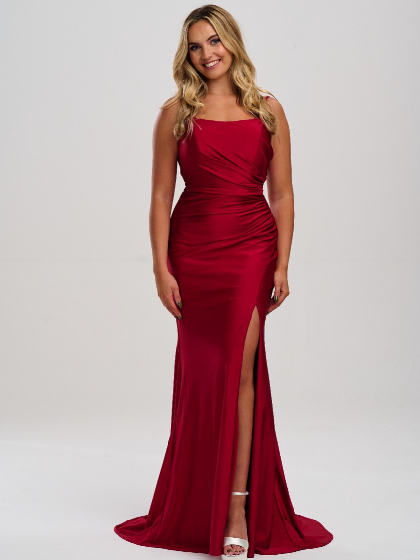 Fotograf: Linzi Jay Crossover Rücken Rüschen Stretch Satin Ballkleid mit Schlitz