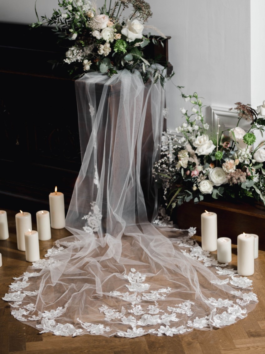 Photograph: Linzi Jay Ivory Single Tier Chapel Veil with Floral Lace Motifs TLV8504