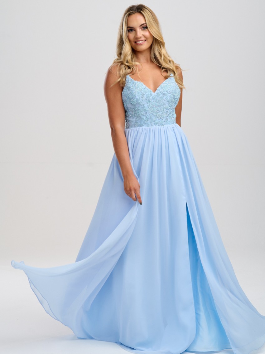 Photograph: Linzi Jay Pale Blue Beaded A Line Chiffon Prom Dress with Slit