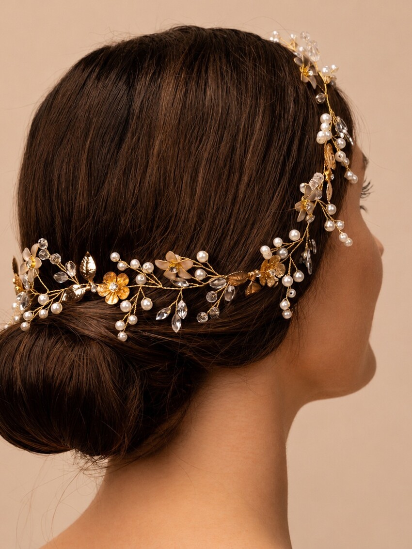Fotografía: Perfect Bridal Gold Pearl Clear Crystal Leaf Bridal Hair Vine