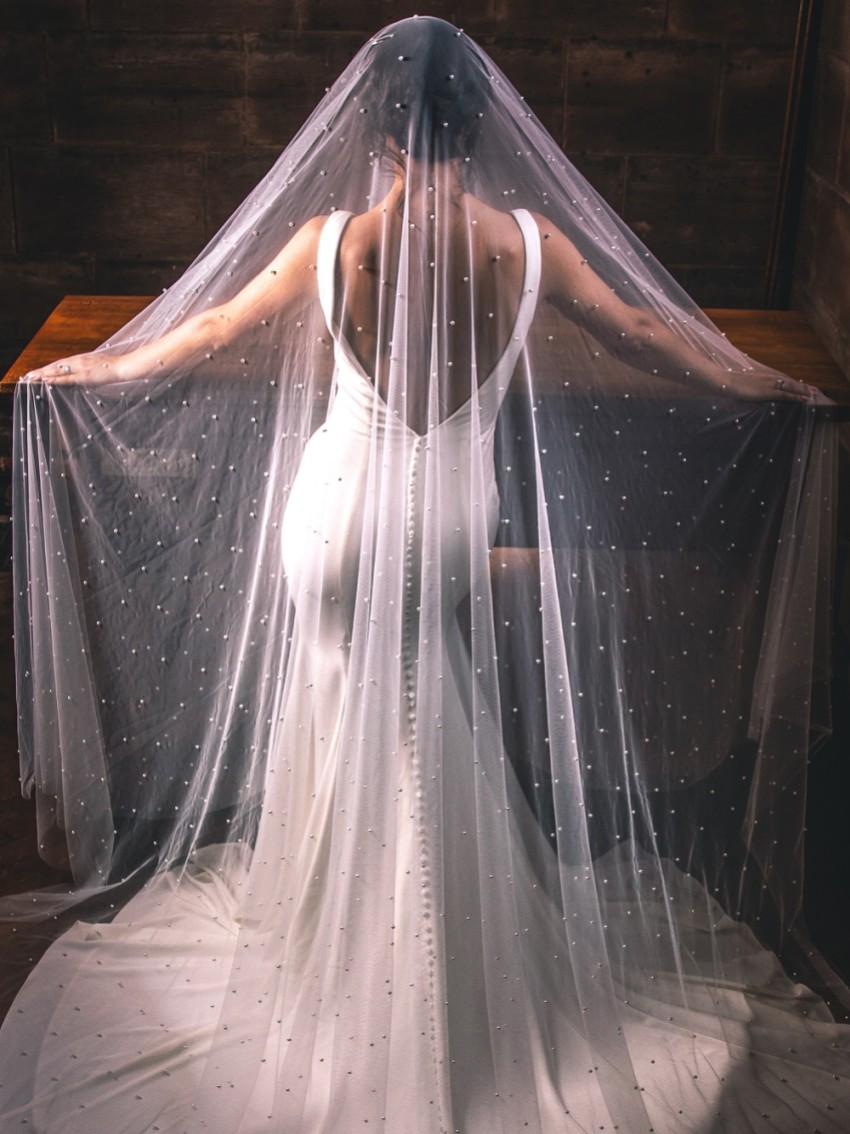 Pearl Wedding Veil, Ivory Bridal Veil, Polka Dot Veil, Tulleveil, Scattered  Pearl Veil, Raw Cut Veil, Modern Veil, Single Tier Veil, AMANIE 