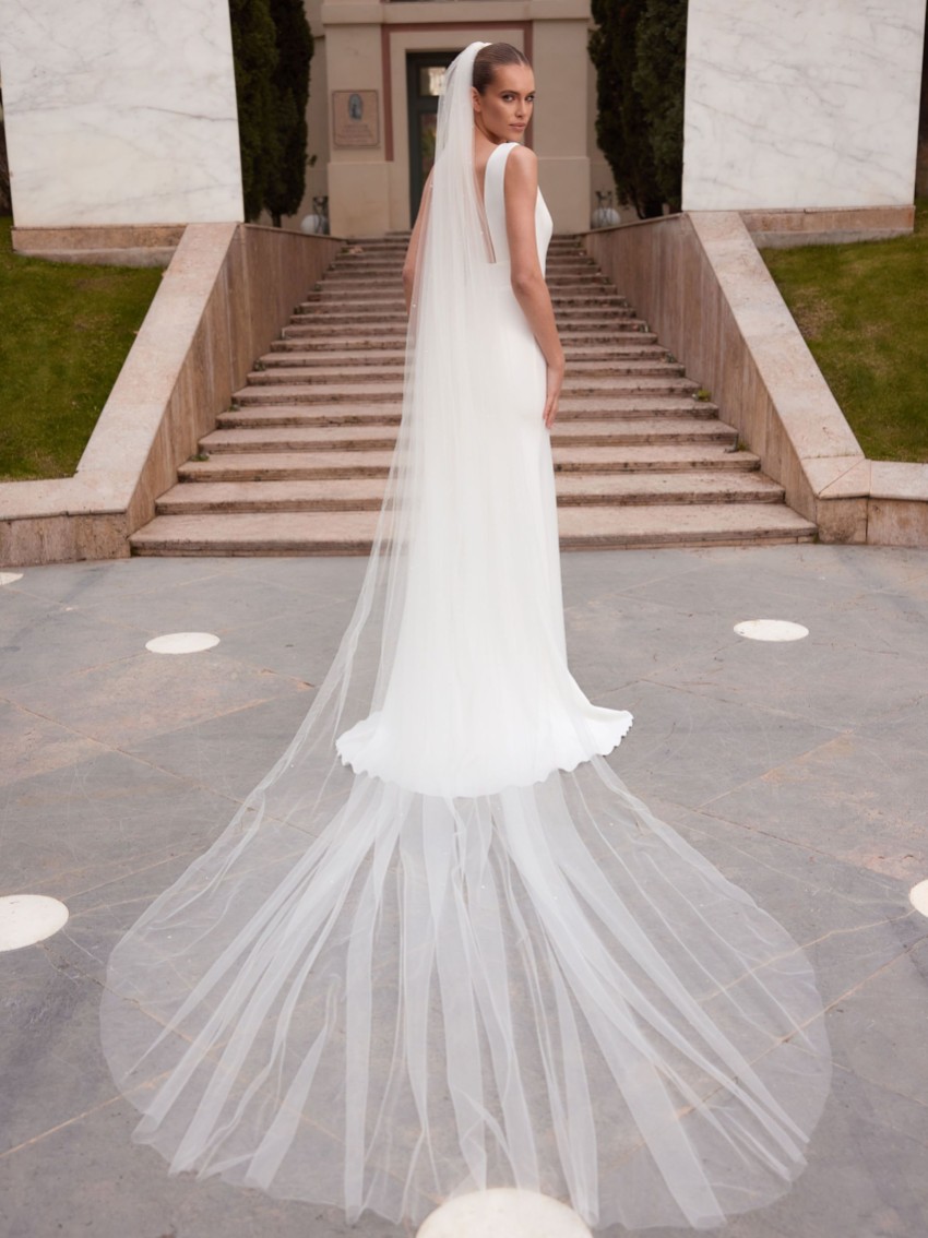 Fotografia: Velo da sposa lungo con perle sparse su un unico strato, color avorio, modello S553