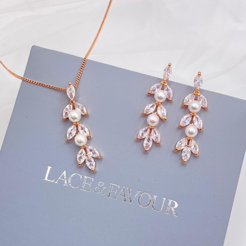 Photograph: Amalia Rose Gold Cubic Zirconia and Pearl Bridal Jewelry Set