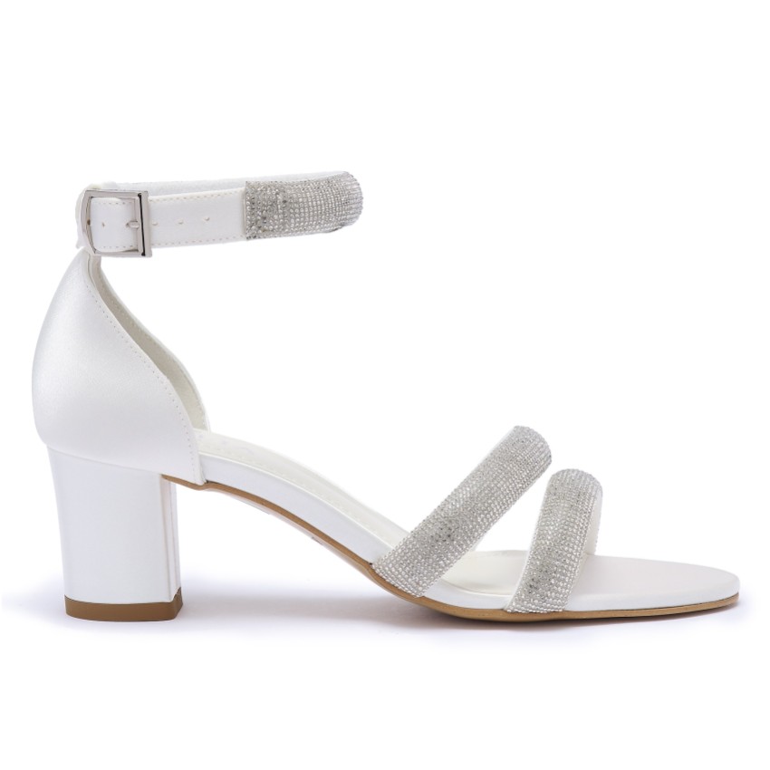 Photograph: Avalia Kaja Ivory Satin Strappy Diamante Low Block Heel Sandals