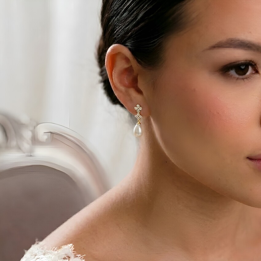 Photograph: Beth Gold Floral Crystal and Teardrop Pearl Earrings