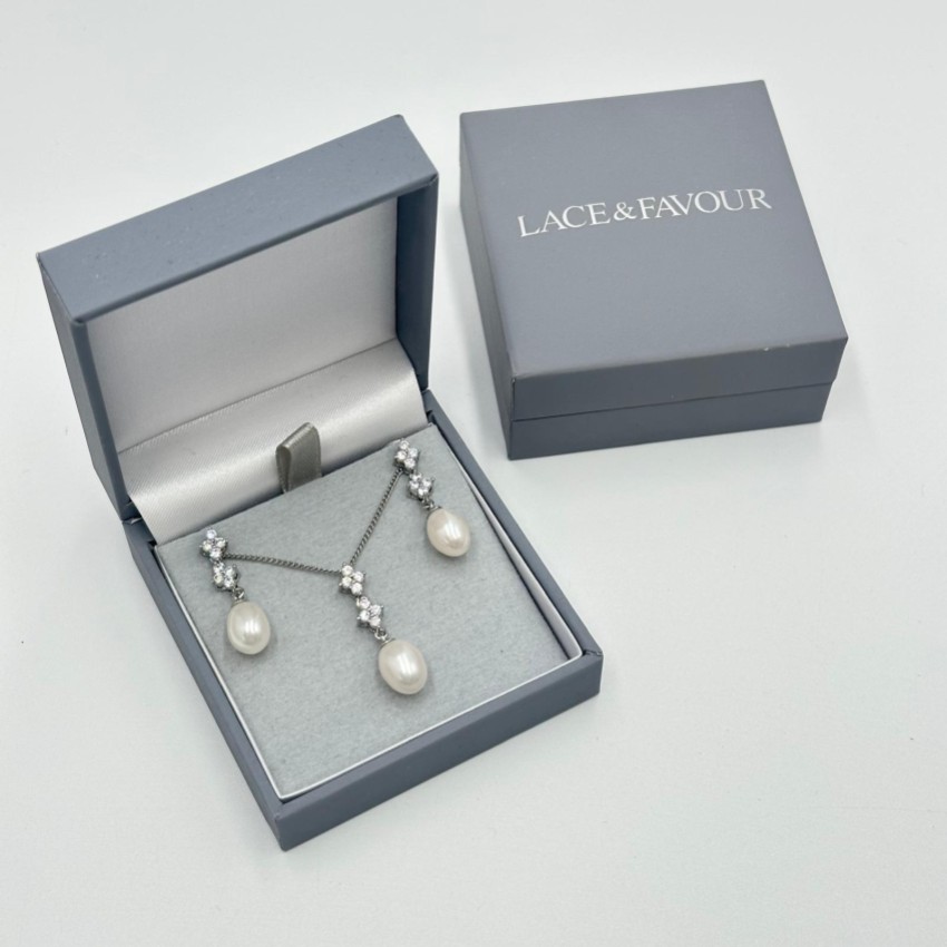 Photograph: Beth Silver Floral Crystal and Teardrop Pearl Necklace Set