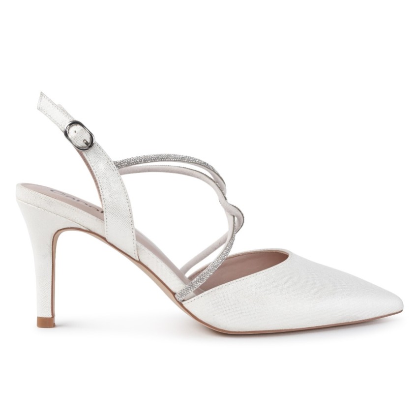 Photograph: Capollini Charlotte Cream Nubuck Leather Diamante Cross Strap Slingbacks