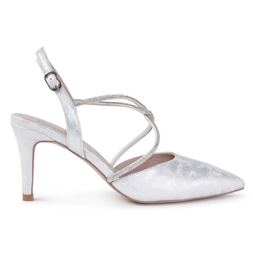 Photograph: Capollini Charlotte Silver Nubuck Leather Diamante Cross Strap Slingbacks