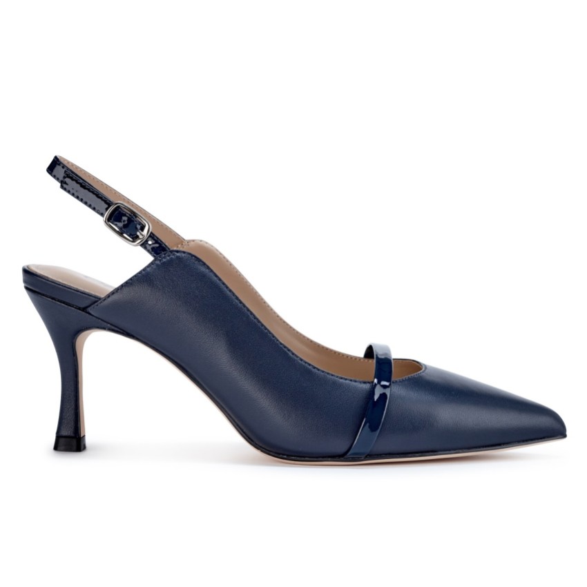 Fotograf: Capollini Emory Navy Leder Slingbacks mit mittlerem Absatz und Lackband