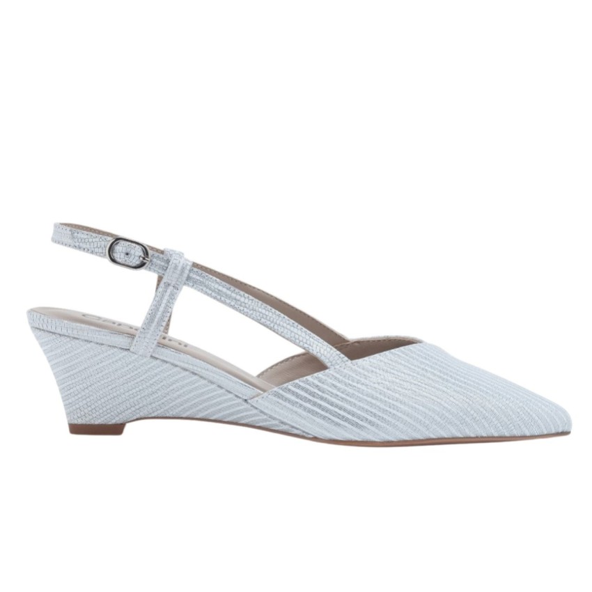 Photograph: Capollini Lumi Silver Striped Nubuck Leather Low Wedge Slingbacks