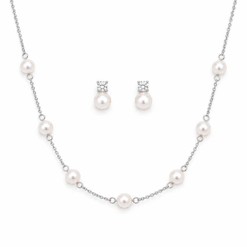 Fotografia: Conjunto de joias Evie Silver: brincos e colar com pérolas delicadas